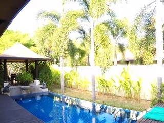 Sex at the pool with a pretty young woman in a bikini